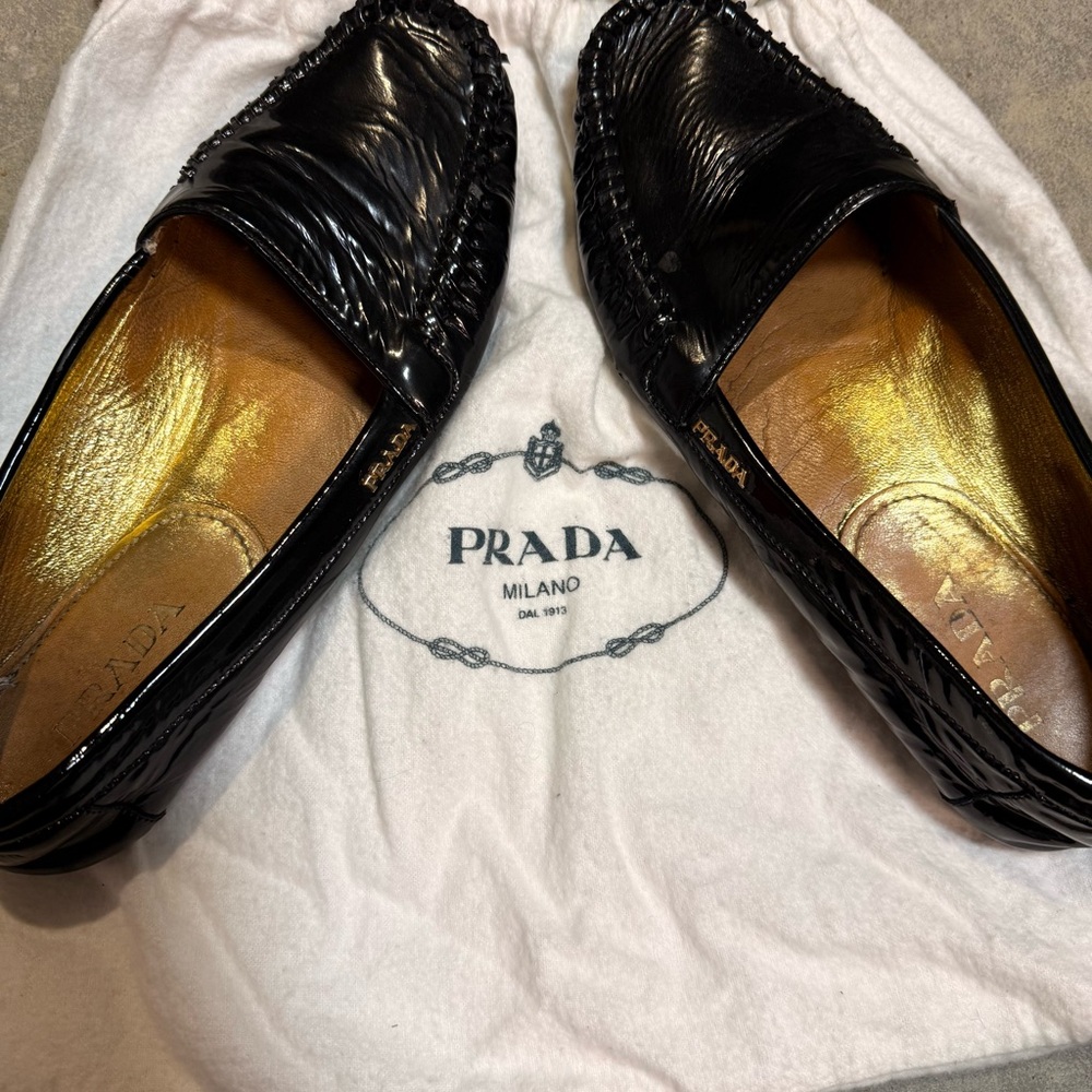 Prada Patent Leather Moccasin Driving Loafers Black Flats Gold Logo Designer 6.5
